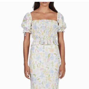 CHARLIE HOLIDAY FRANCO PRINTED SMOCKED SQUARE NECK PUFF SLEEVE CROP TOP